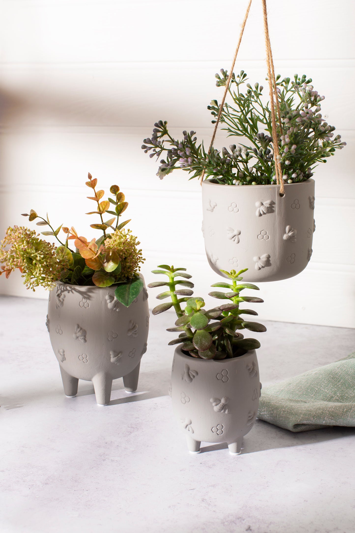 Hanging planter with a plant inside, with other pots
