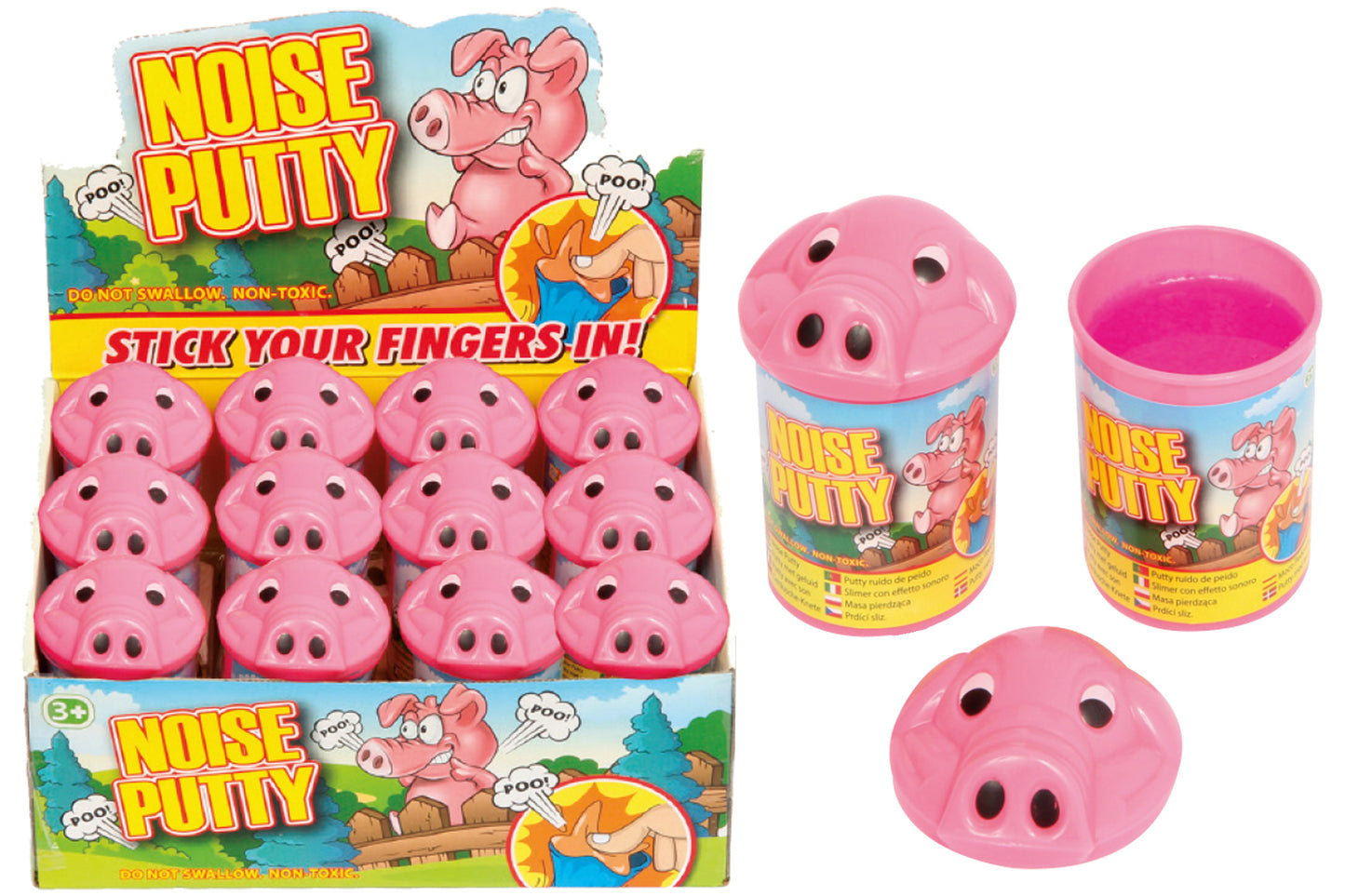 Pink noise putty with packaging and a small container on a white background