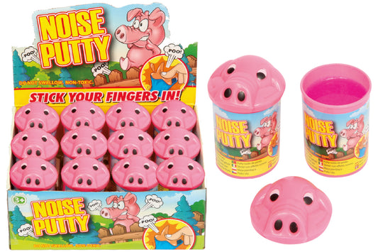 Pink noise putty with packaging and a small container on a white background
