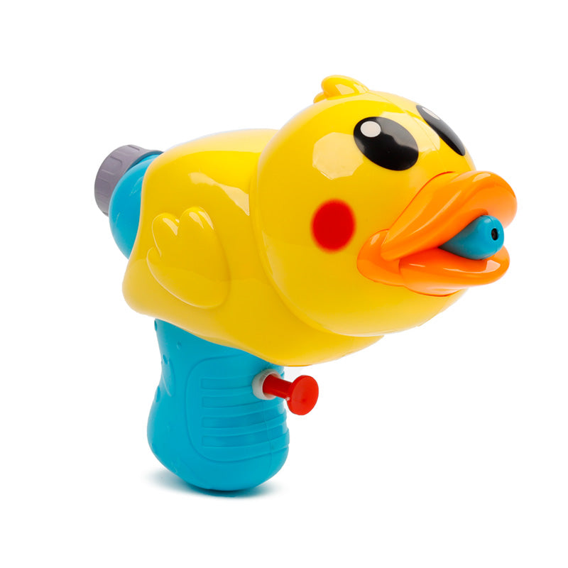 Colorful toy duck with a water gun on a white background
