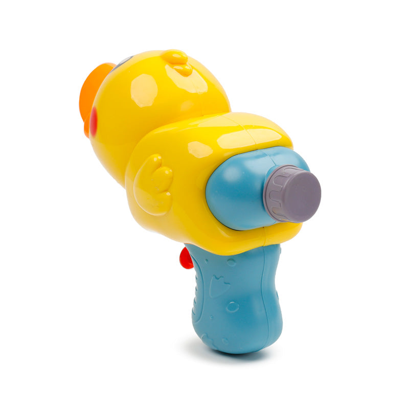 Colorful toy water gun with yellow and blue design on a white background