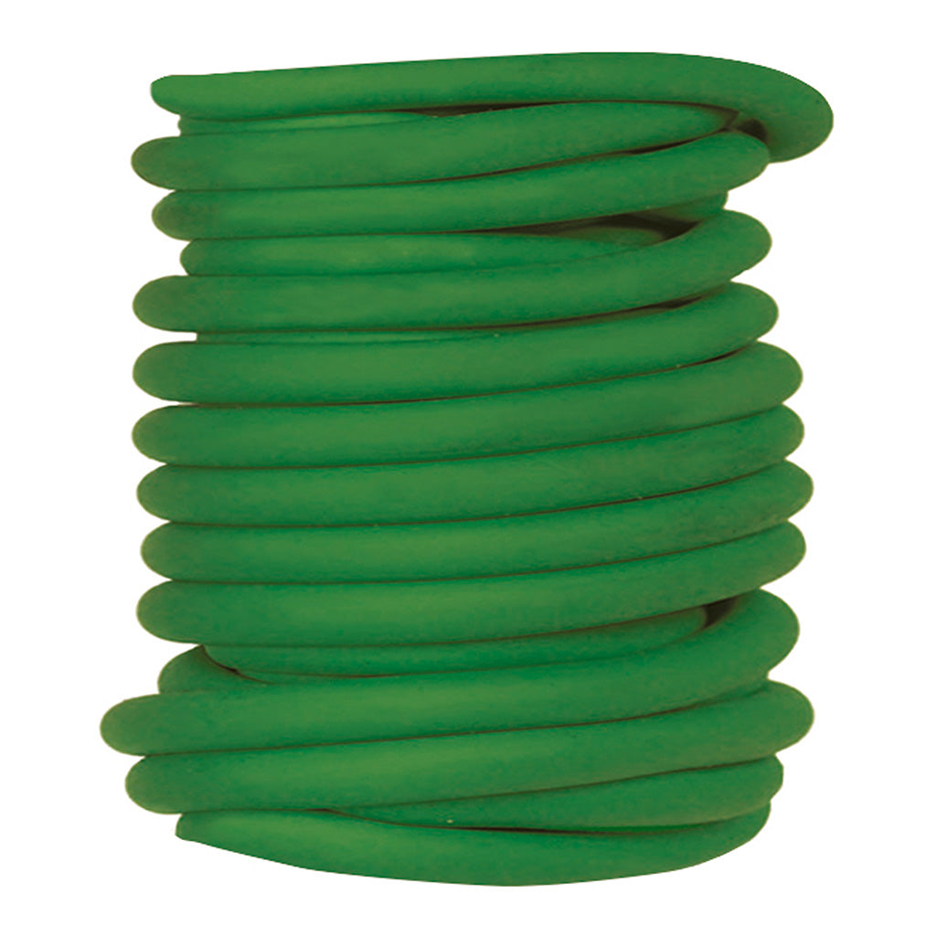 Coiled green garden hose on a white background