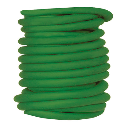 Coiled green garden hose on a white background