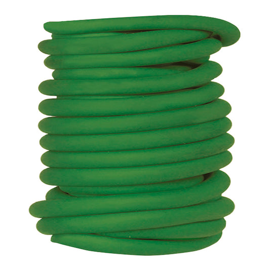 Coiled green garden hose on a white background