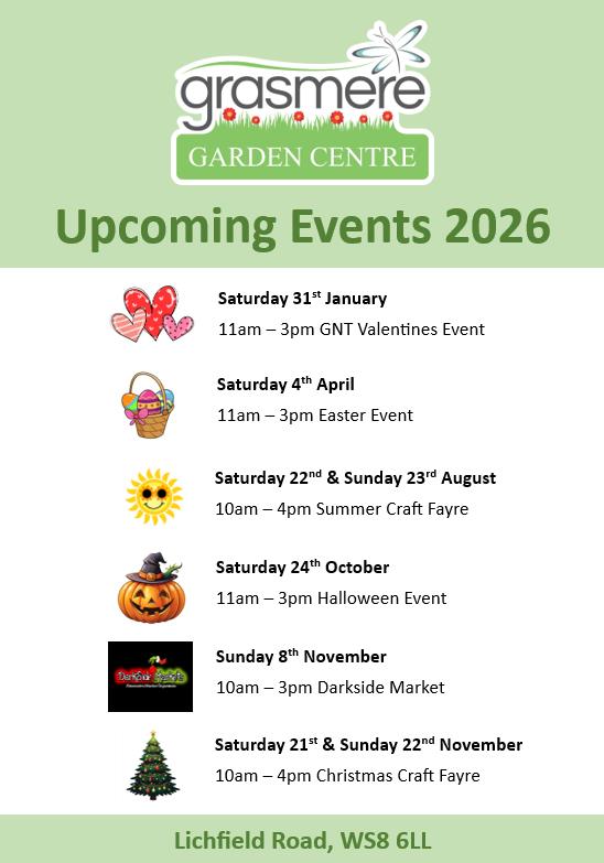 Grasmere Garden Centre's upcoming events for 2026 on a green background