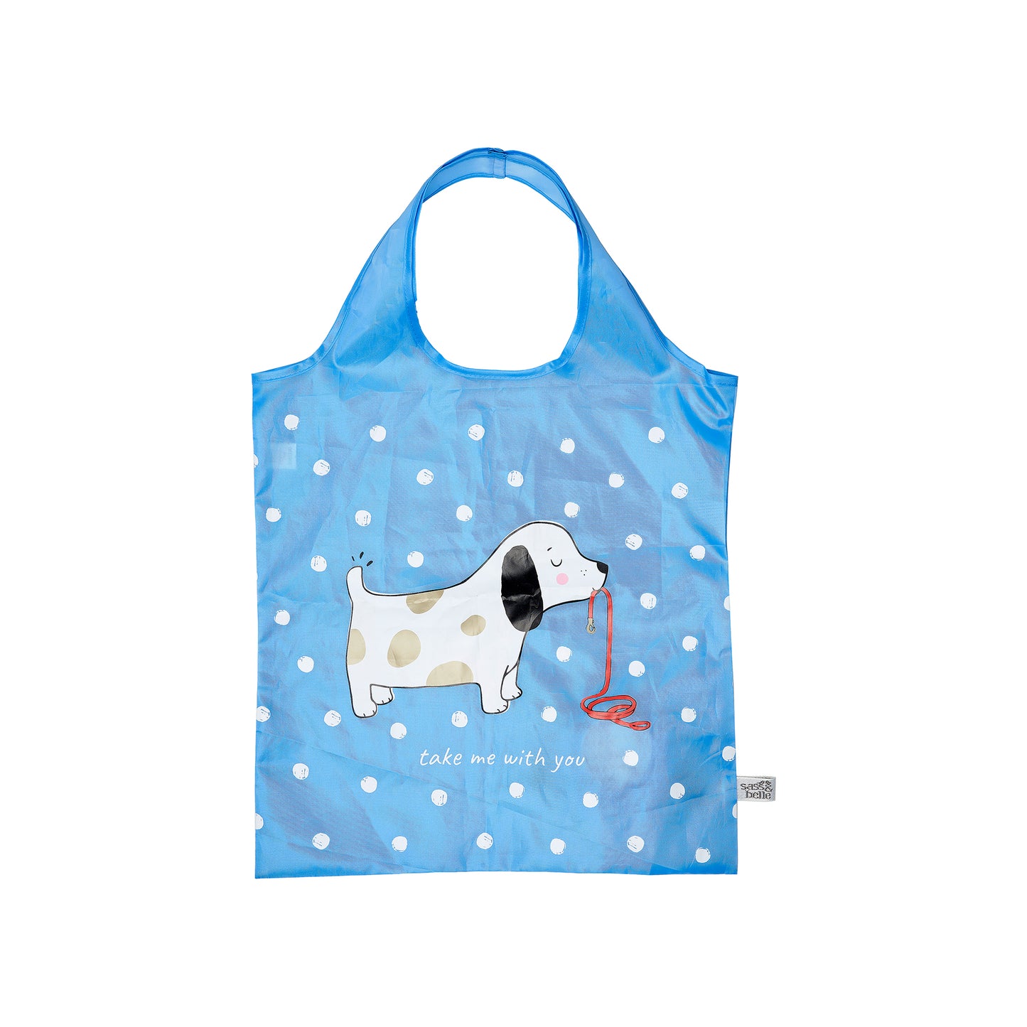 Blue polka dot reusable bag with a dog illustration on a white background