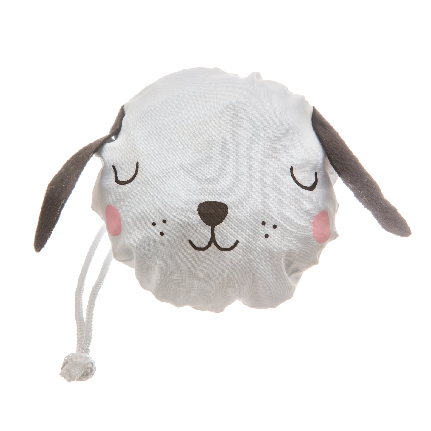 White dog-shaped plush toy with a rope on a white background