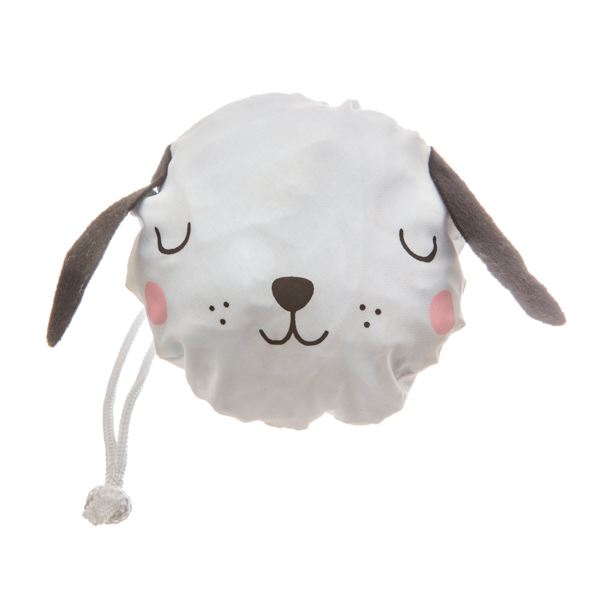 White dog-shaped plush toy with a rope on a white background