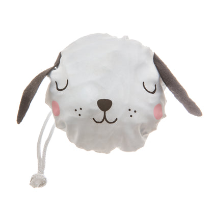 White dog-shaped plush toy with a rope on a white background