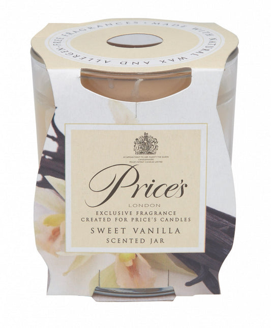 Price's London sweet vanilla scented jar candle packaging on a white background
