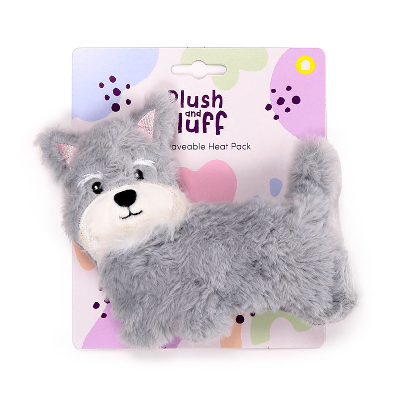 Plush toy with a heat pack on a colorful packaging background