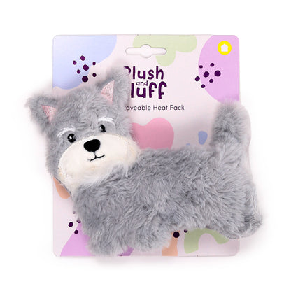 Plush toy with a heat pack on a colorful packaging background