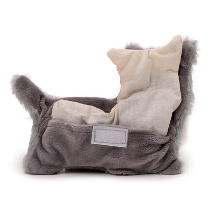 Gray pet bed with a white pillow on a white background