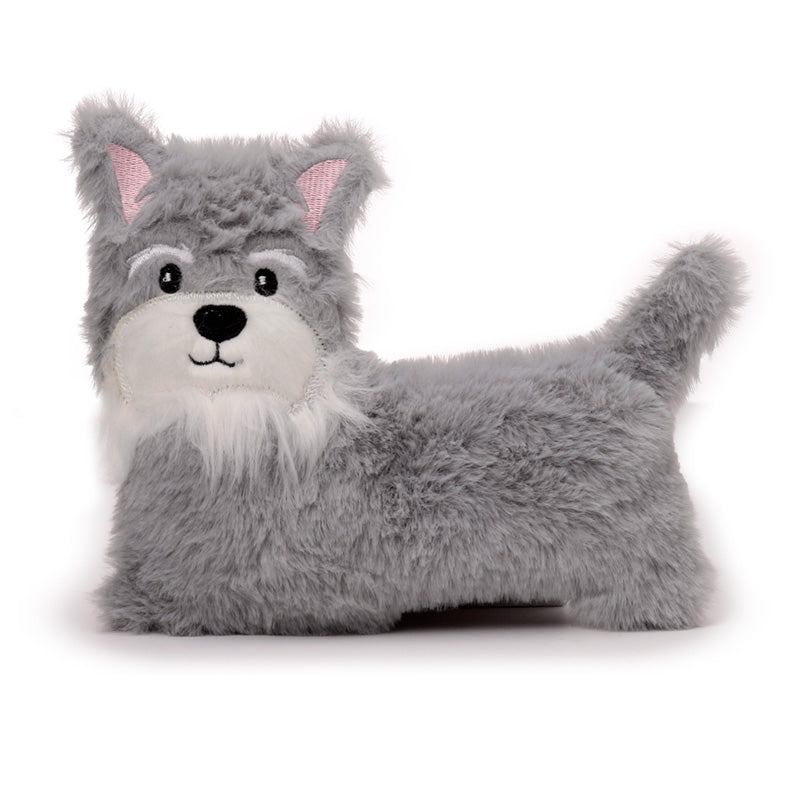 Gray plush dog toy with a white muzzle on a white background