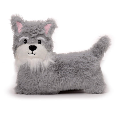 Gray plush dog toy with a white muzzle on a white background