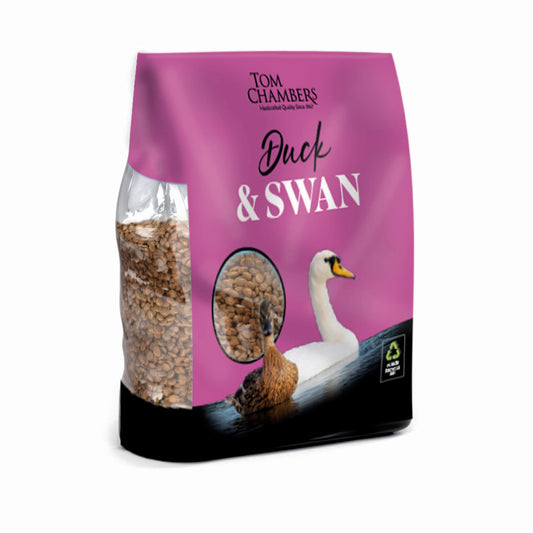 Bag of Tom Chambers Duck & Swan food with purple label and images of a duck and swan.