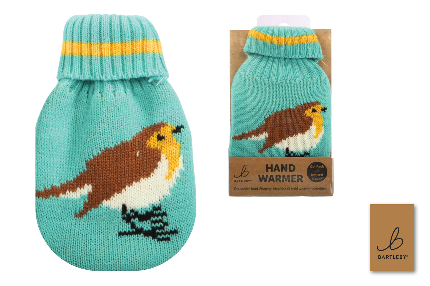 Knitted hand warmer with robin design and packaging displaying brand logo.
