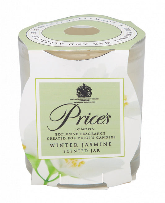 Price's London Winter Jasmine scented candle jar with green label on a white background