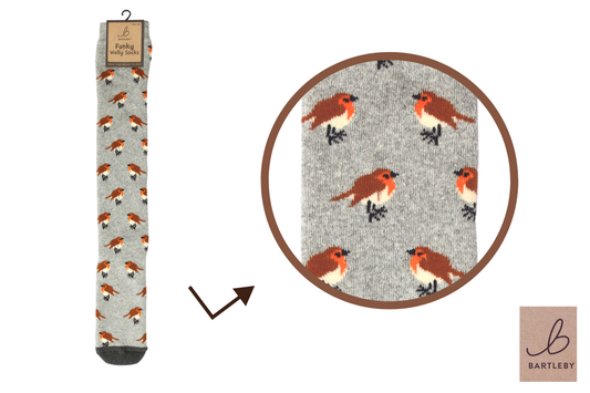 Gray sock with red robin pattern, close-up of pattern, and Bartleby brand logo.