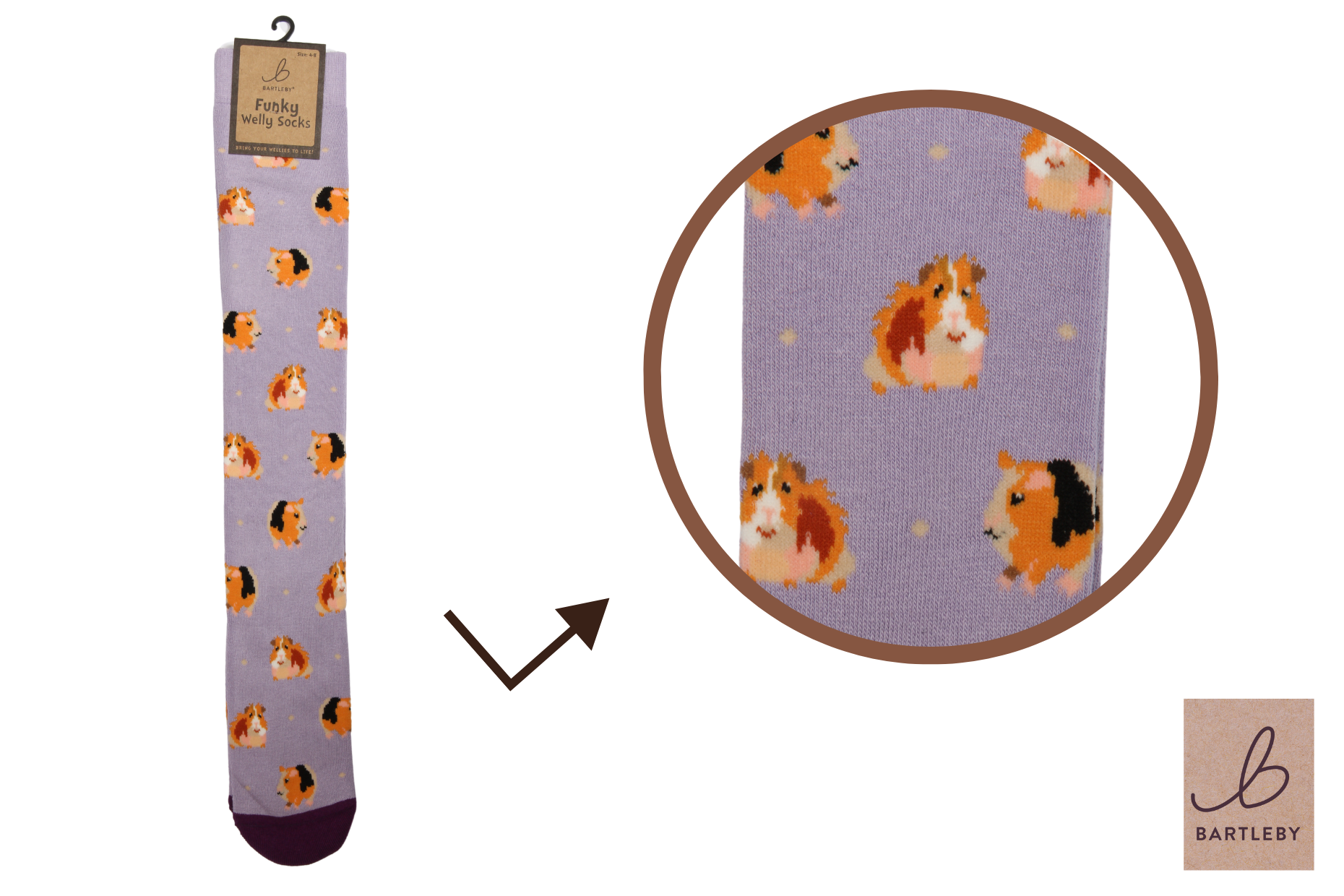 Sock with guinea pig pattern on a purple background, featuring the Bartleby brand.