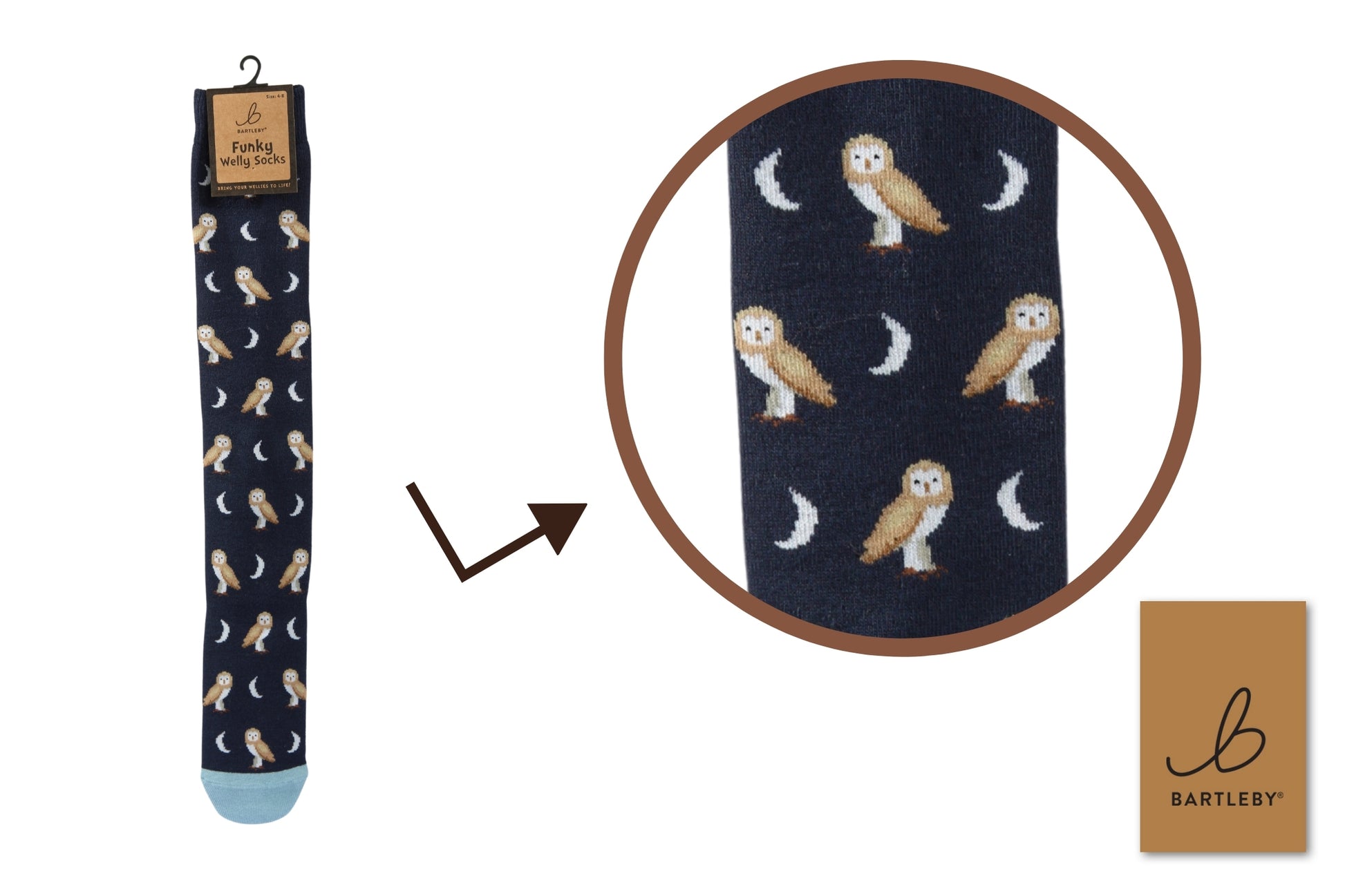 Navy blue sock with owl pattern, packaging, and brand logo on a white background