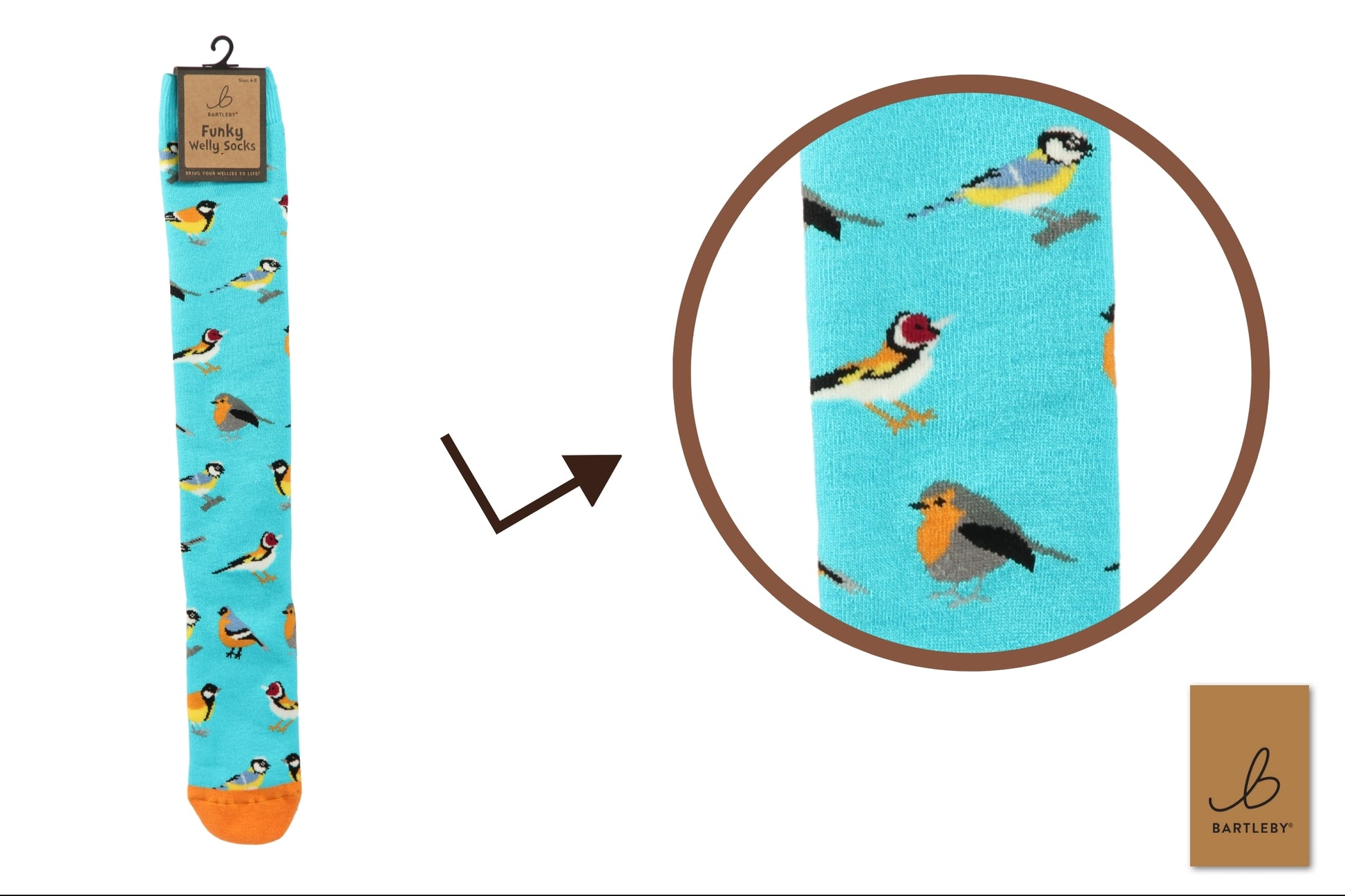 Blue socks with bird pattern on a white background, featuring a close-up of the design.