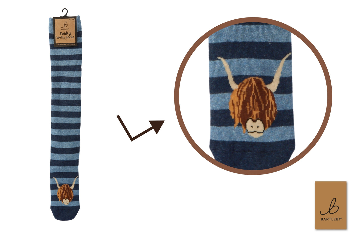 Striped sock with a highland cow design, featuring the brand 'Bartley & Brooks'.