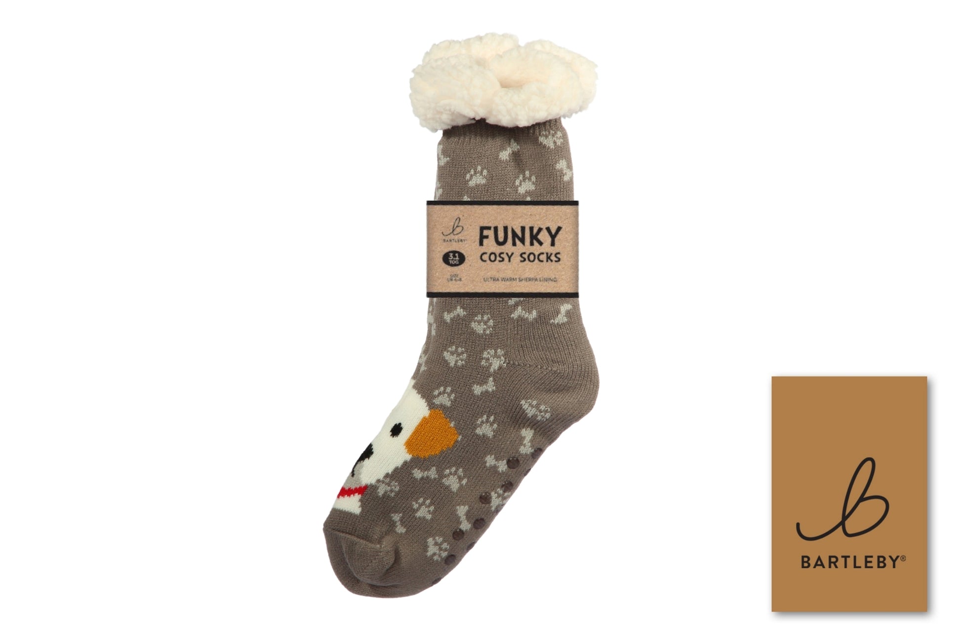 Sock with paw prints and cartoon dog face on a white background, featuring Bartleby branding.