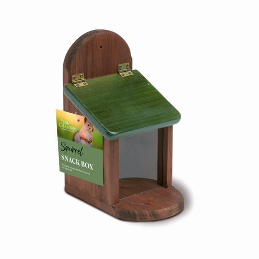 Wooden squirrel snack box with green top on a white background