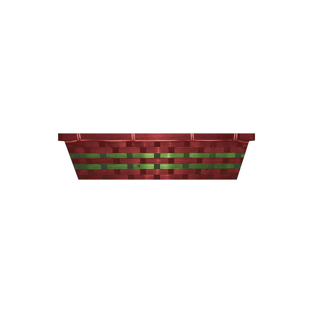 Red woven basket with green ribbon on a white background