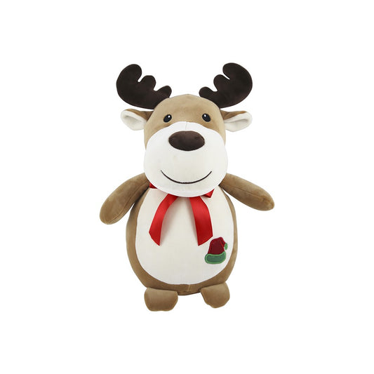 Plush reindeer toy with a red scarf and green nose on a white background