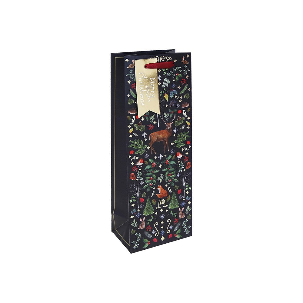 Decorative wine gift bag with nature-themed design on a white background