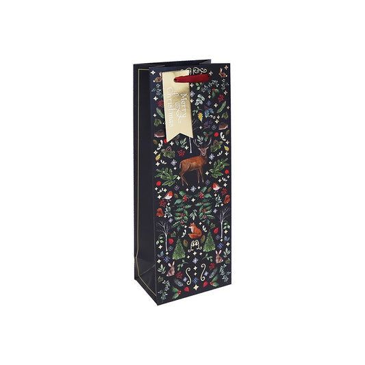 Decorative wine gift bag with nature-themed design on a white background