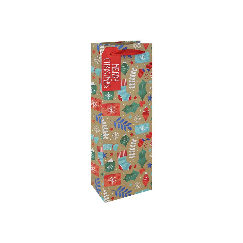 Christmas-themed gift bag with colorful patterns on a white background