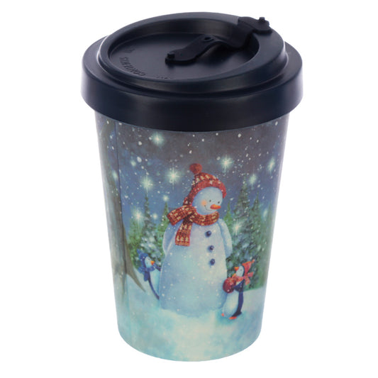 Travel mug with a snowman design on a white background