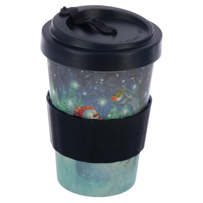 Travel mug with winter scene design and black lid on a white background