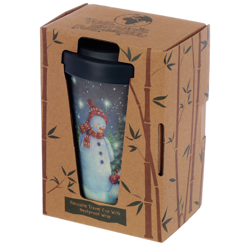 Reusable travel mug with a snowman design in a decorative box.