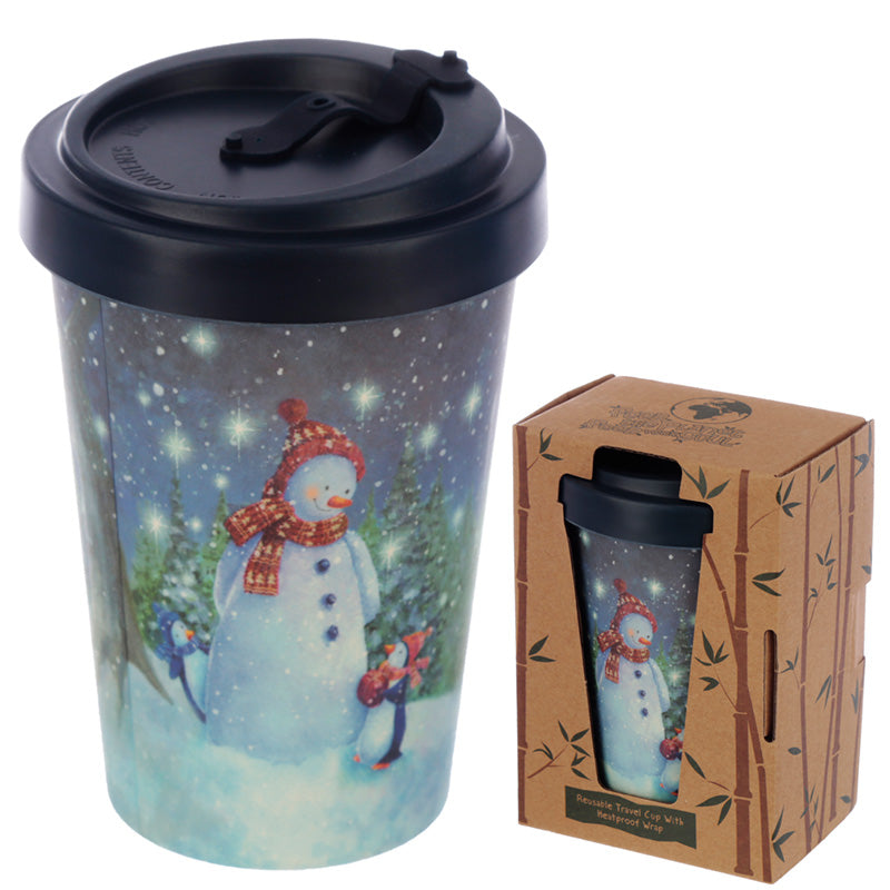Travel mug with a snowman design on a white background