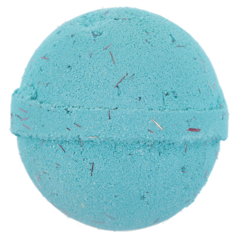 Blue bath bomb with specks on a white background
