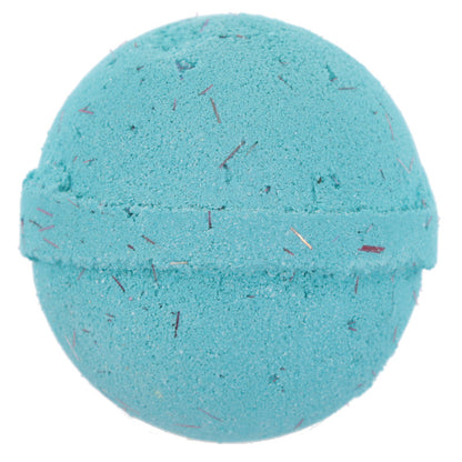Blue bath bomb with specks on a white background