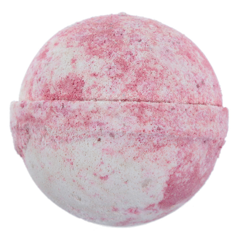 Pink and white bath bomb on a white background