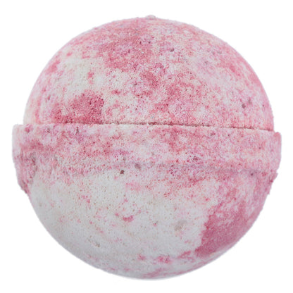 Pink and white bath bomb on a white background