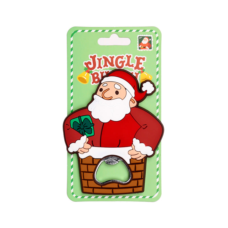 Santa Claus themed bottle opener in green packaging on a white background