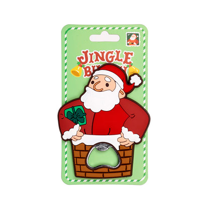 Santa Claus themed bottle opener in green packaging on a white background