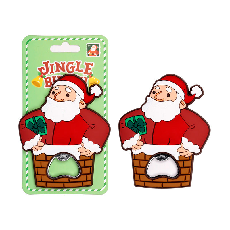 Santa Claus themed bottle openers on a white background