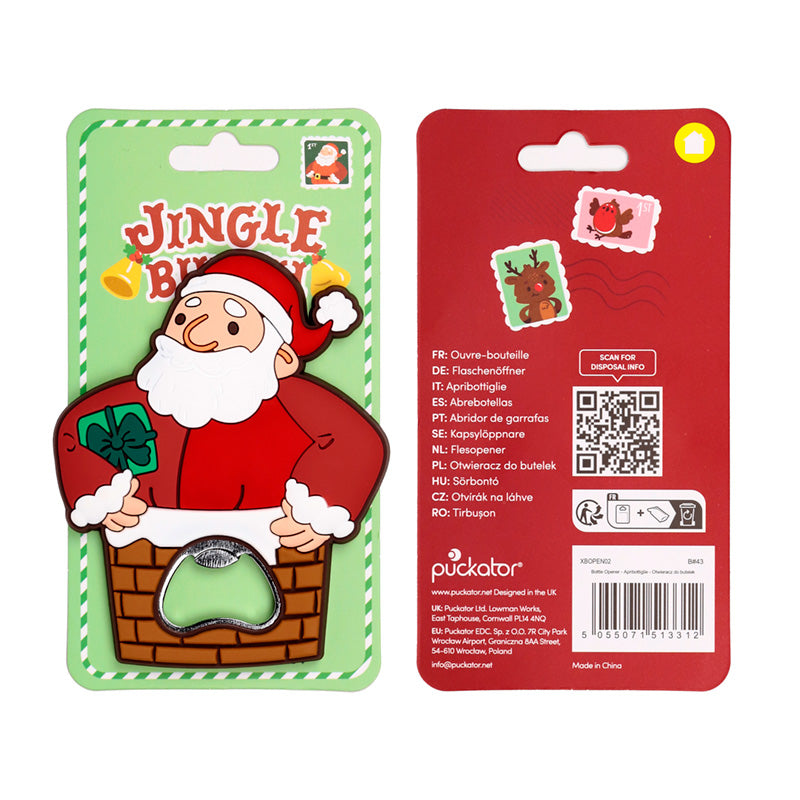 Santa Claus themed bottle opener in green packaging on a white background