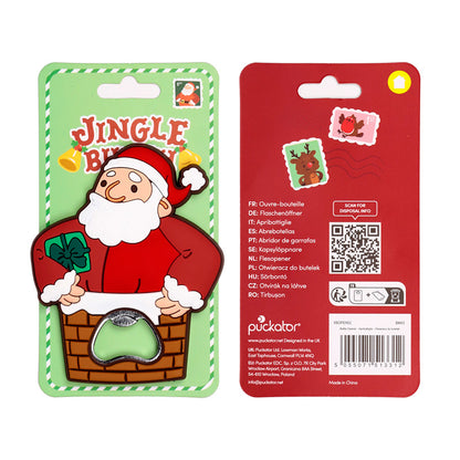 Santa Claus themed bottle opener in green packaging on a white background