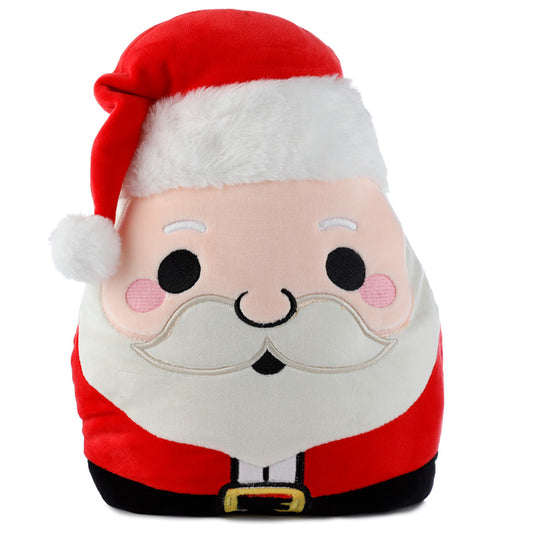 Plush toy resembling Santa Claus on a white background