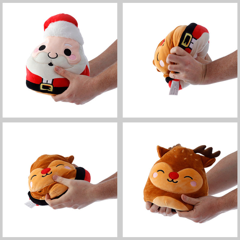 Collage of four images showing a person holding Christmas-themed plush toys.
