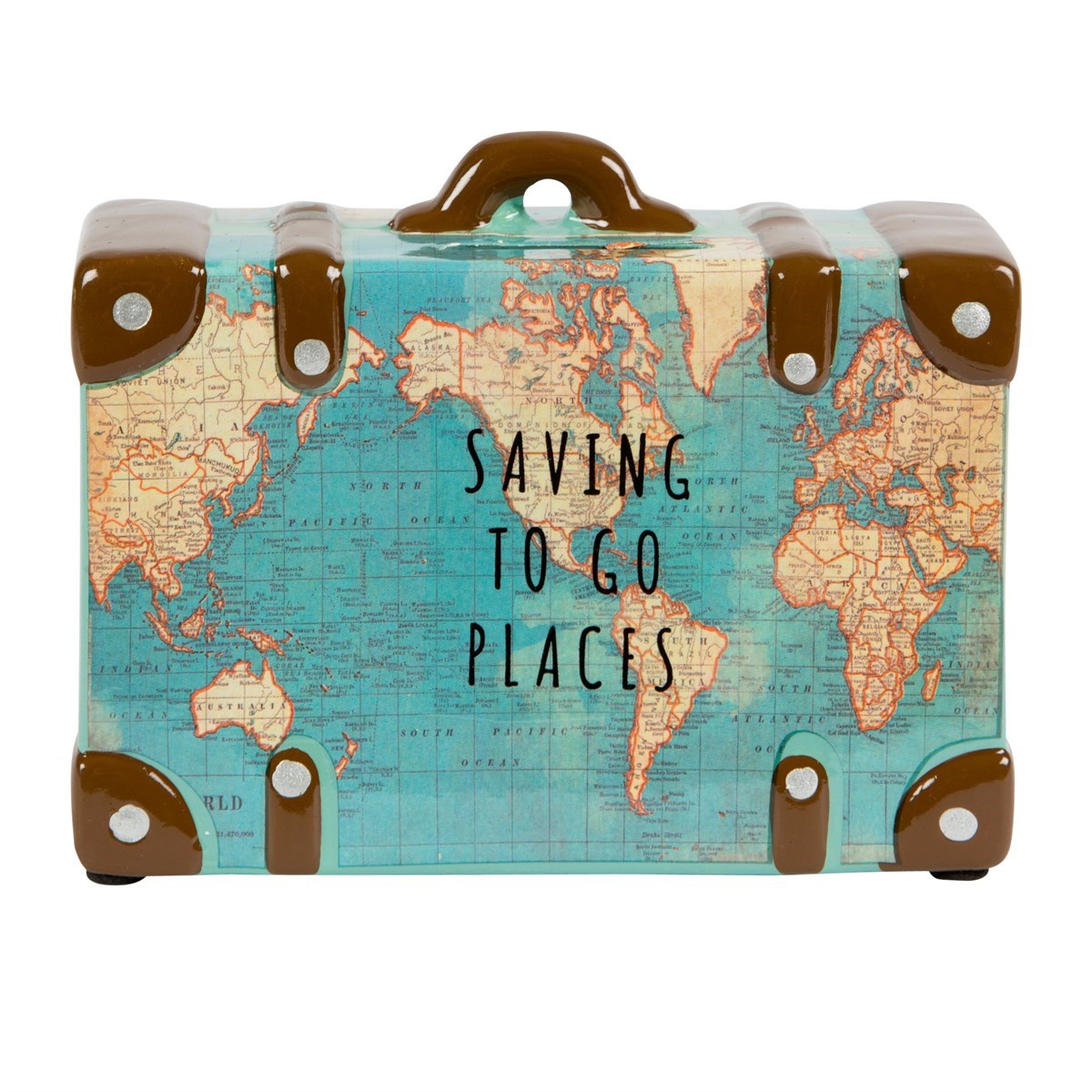 Vintage-style suitcase with world map design and 'Saving to go places' text on a white background